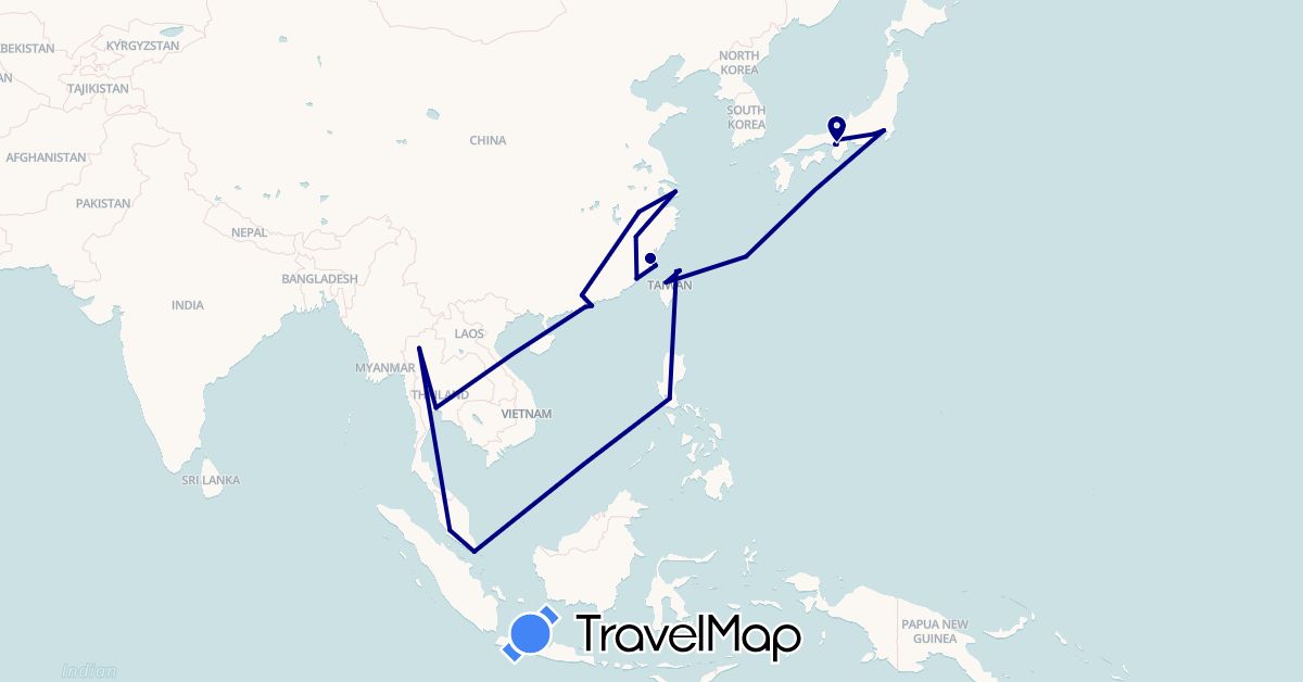 TravelMap itinerary: driving in China, Hong Kong, Japan, Macau, Malaysia, Philippines, Singapore, Thailand, Taiwan (Asia)